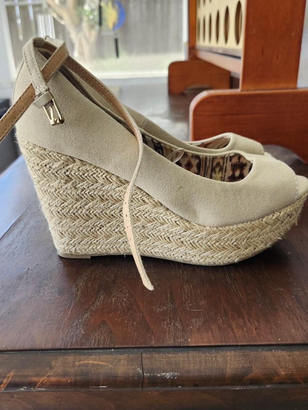 Report Beige Canvas Espadrille Wedge Peep-Toe Sandals